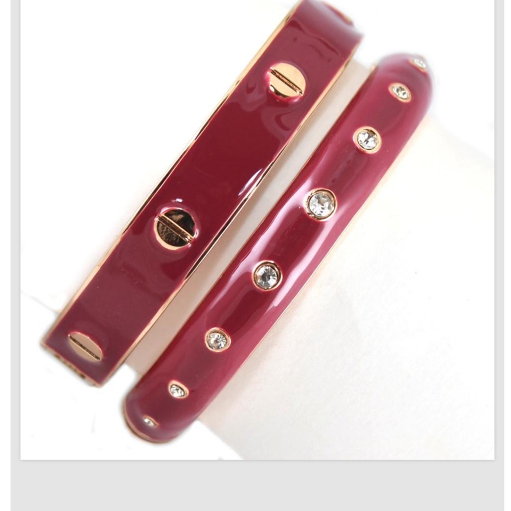 Wine Gold Set of 2 Crystal Screw Design Enamel Bangle Bracelets